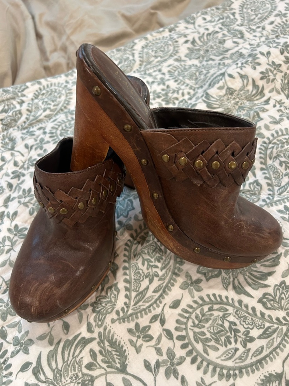 Ralph Lauren Brown Braided Leather Clog Heels